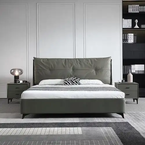 现代简约主卧皮床2米22米大床灰色羽绒填充包头皮艺床