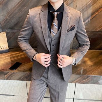 帅结婚宴会礼服男青年一粒扣小西装外套咖啡色三件套西服西裤马甲xl