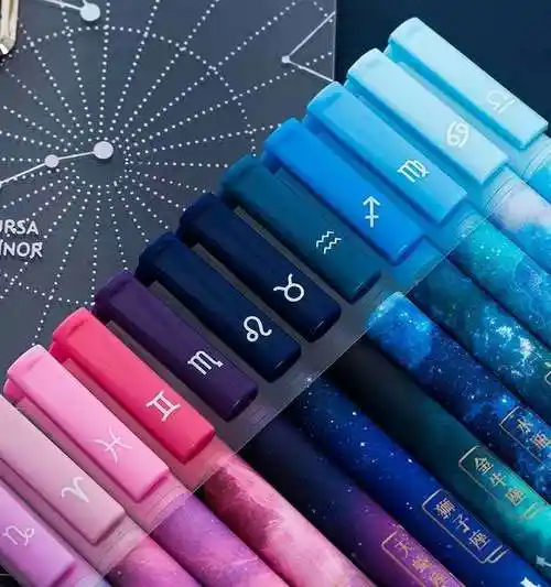 e创意12星座中性笔黑色碳素笔针管头水性笔学生用笔初中生办公文具