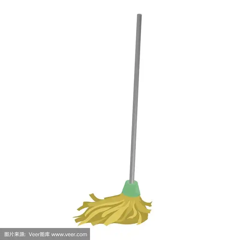 卡通房子和公寓清洁服务图标.有把手的旧干拖把.