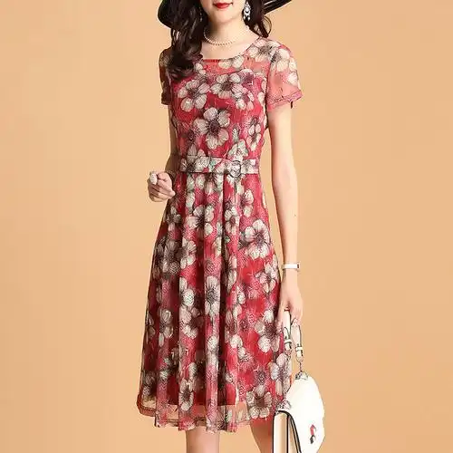 哥弟连衣裙女夏2020新款短袖碎花中长修身气质连衣裙