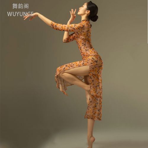 古典舞服装女网纱印花显瘦开叉旗袍中国舞练功服民族舞蹈演出服