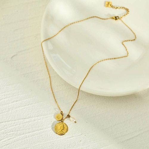 欧美轻奢复古宫廷钱币女王头像珍珠贝母项链18k镀金气质简约镀银