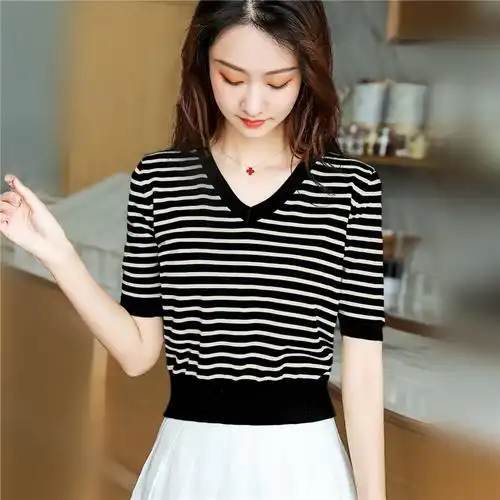 小款针织短装冰丝高腰宽松上衣条纹黑白感女t恤