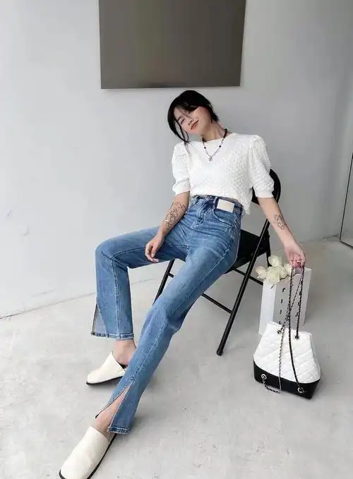 早春特价佐娜2536浅色高腰前开叉直筒牛仔裤女春牛仔裤