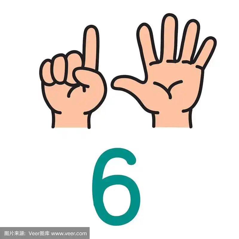 孩子的手显示了数字6的手势.