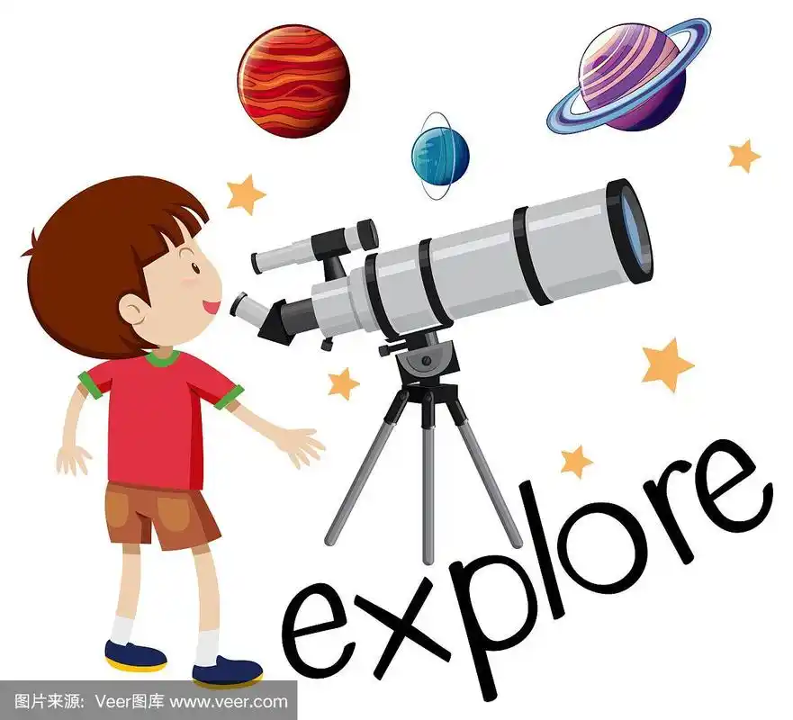 儿童通过望远镜探索的卡片