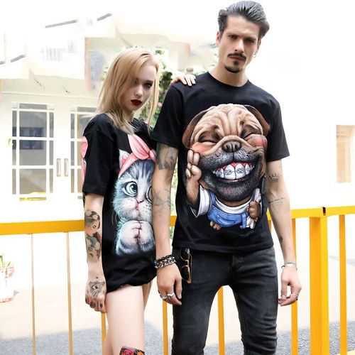 井承  春夏新款3d图案t恤潮牌狗图案短袖情侣装动物图案印花 黑色