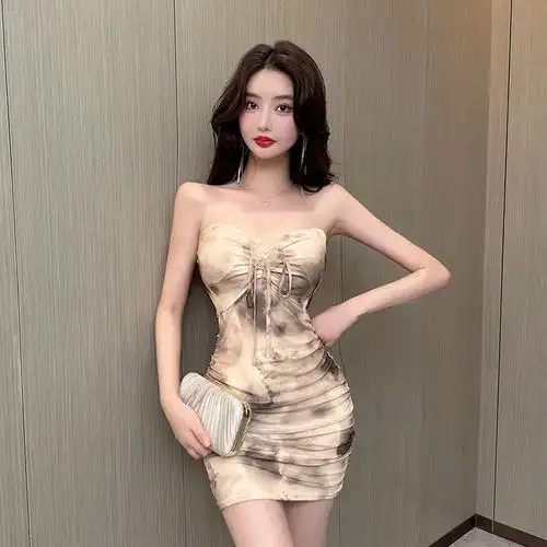 实拍现货性感夜店女装低胸吊带网纱印花包臀连衣裙夏带花朵 - 17网