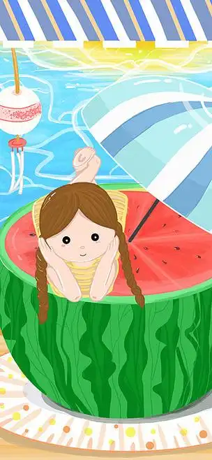 海边趴在西瓜上晒太阳的女孩夏至插画全原创小清新少女手绘卡通夏天