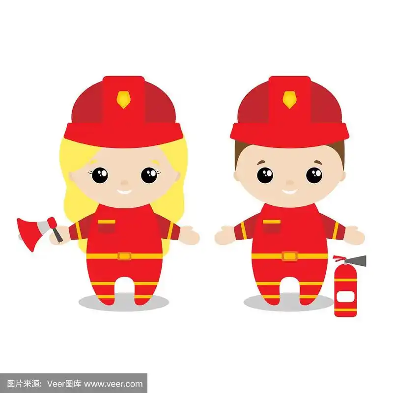 男孩和女孩消防员卡通风格.一套可爱的卡通儿童在专业.矢量图