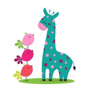 可爱的动画片长颈鹿与鸟在绿色草, 滑稽的动物和鸟照片