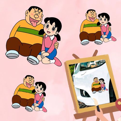 恶搞胖虎静香电动机车摩托汽车贴纸车窗车身划痕遮挡遮盖装饰贴画