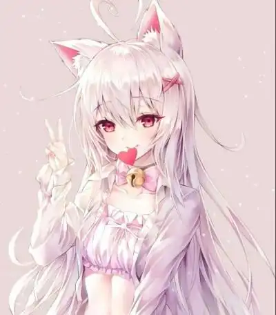 二次元 少女 白发 粉瞳 猫耳 粉色系