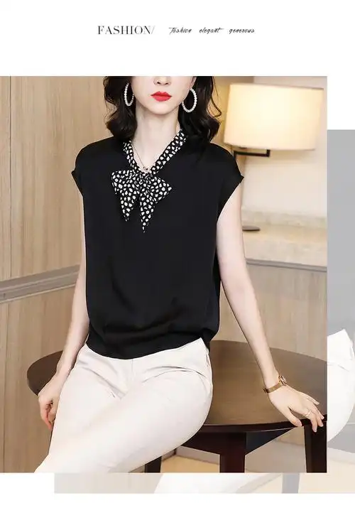 舒珂朵(shukeduo)轻奢品牌女装波点飘带真丝短袖恤女设计感小众时尚