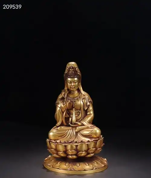 旧藏铜鎏金净瓶观音坐像摆件