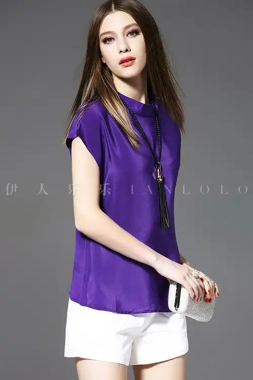 伊人乐乐欧美春夏女装短袖纯色真丝短款上衣大牌桑蚕丝百搭t恤