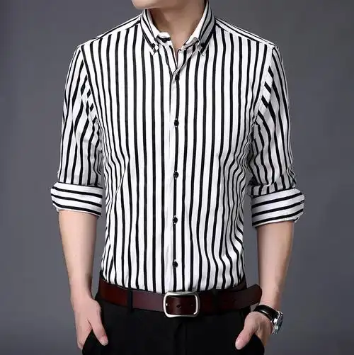 秋季男士纯棉条纹长袖衬衫时尚韩版衬衣休闲男装寸衫大码潮流衣服5元