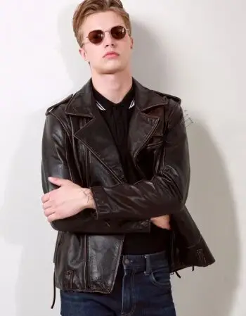 2018新款真皮皮衣男修身头层牛皮皮衣复古做旧翻领机车皮夹克 黑色 l
