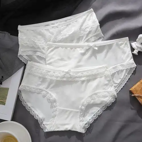 3条装纯白色内裤女莫代尔棉蕾丝少女士中腰少女学生薄款三角短裤