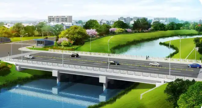 桥梁长66米,桥梁宽度31米,采用3跨20米长预应力砼空心板简支梁构造