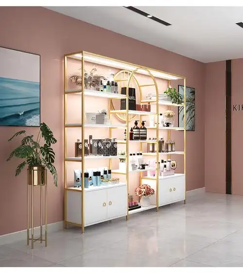 杉朴 美容院产品展示柜化妆品店理发美甲美妆护肤品陈列储物落地货架