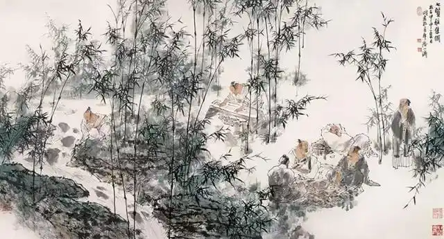王明明四尺横幅人物画《竹林七贤》