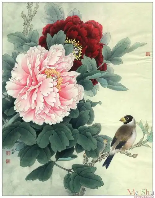 打印级jxd5265426近现代国画高仿名家牡丹蜡嘴雀高仿李晓明国画工笔画