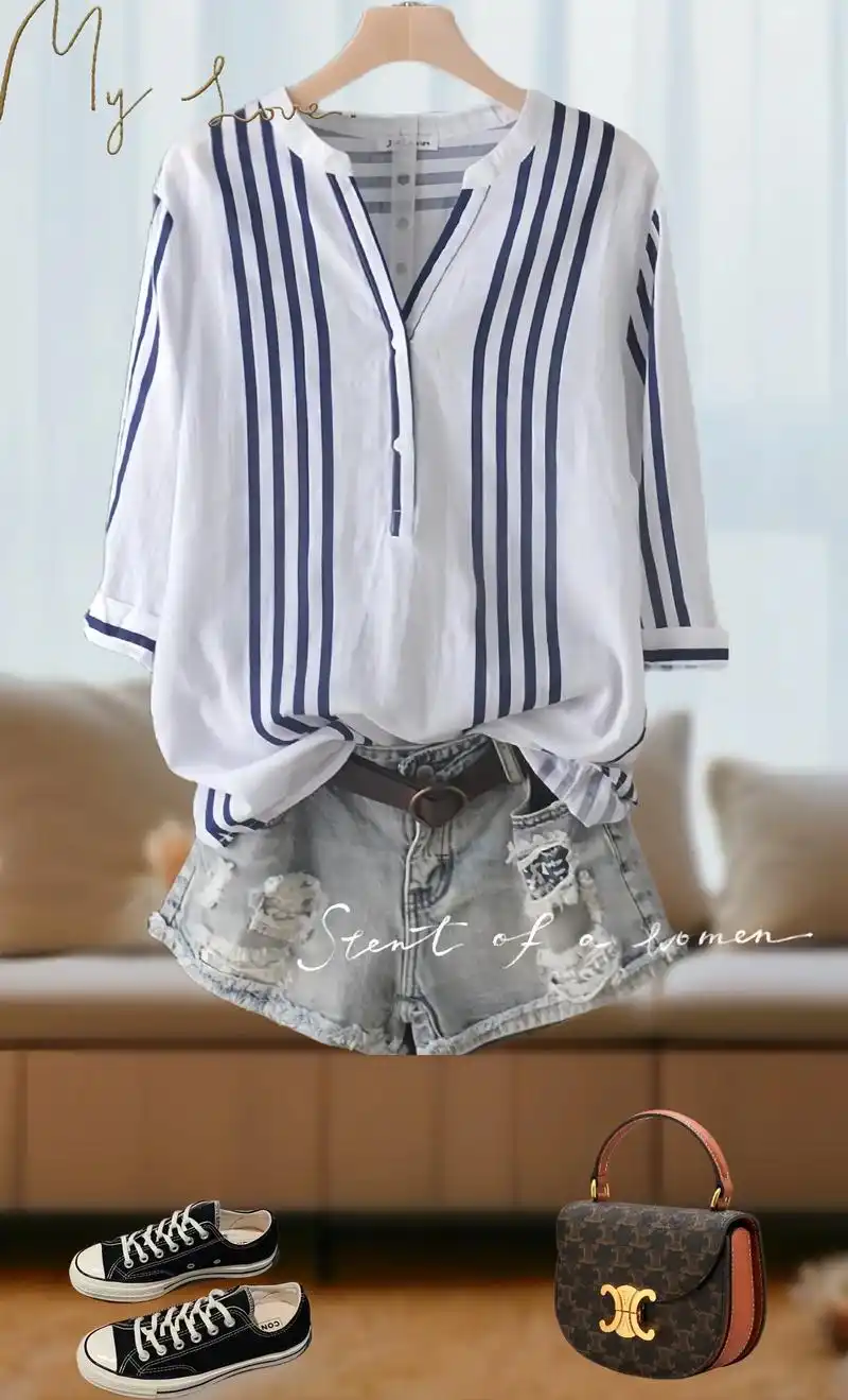 94时尚不规则竖条纹 v 领衬衫登场! 宽松棉麻,文艺