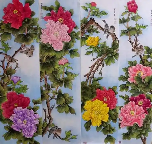 工笔牡丹四条屏完工了 - 抖音