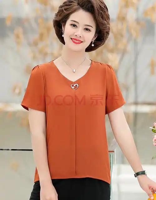 妈妈夏季t恤新款中年女装夏季短袖雪纺打底小衫时尚短款上衣 焦糖色