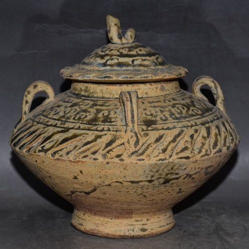 宋名窑越窑古董土沁老瓷器老包浆四耳陶器盖罐古董老收藏品