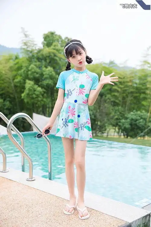 儿童泳衣女孩宝宝洋气女童游泳衣小中童连体学生泳装 蓝色 3-8岁(穿到