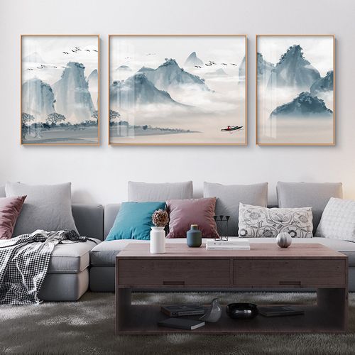 客厅装饰画沙发背景墙三联画新中式禅意水墨山水画挂画中国风壁画