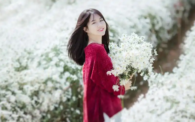 唯美小清新长发白嫩美女雏菊花田写真