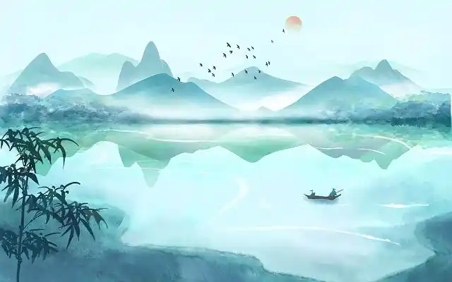 古风水墨山水风景插画湖竹子背景海报中国风唯美古风中国风唯美山水