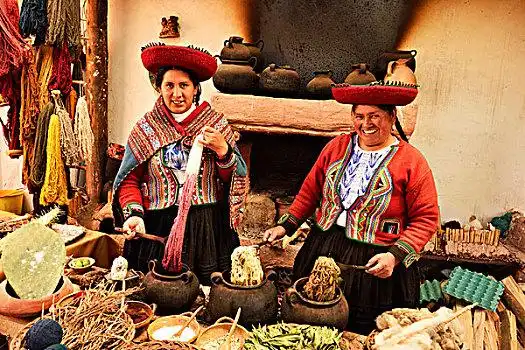 两个,秘鲁人,传统,羊驼,毛织品,染,库斯科,省,秘鲁,南美