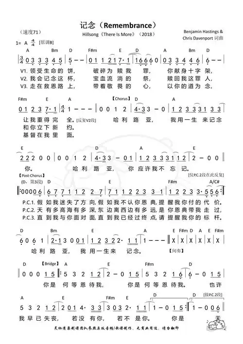 记念remembrance hillsong a调 第919首 歌谱 简谱