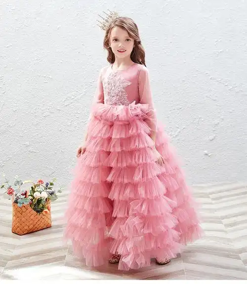 花童公主裙蓬蓬纱女童生日走秀晚礼服儿童婚纱小孩主持钢琴演出服