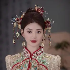 新娘头饰中式古风红色造花液古典流苏簪子秀禾服龙凤褂结婚发饰品