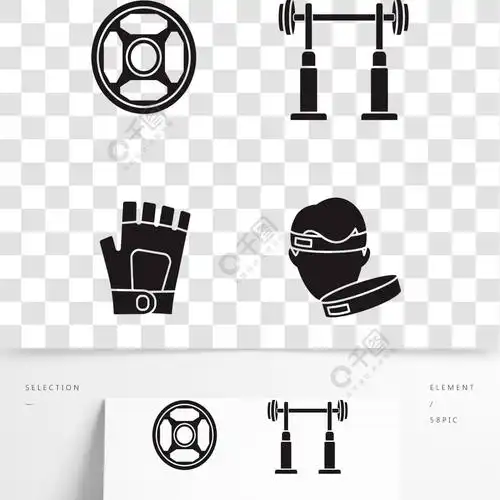 深蹲架,健身房手套和健身头带轮廓符号健美的专业设备矢量孤立的图