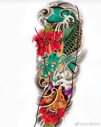 纹身作品推荐分享一组简单的花臂纹身手稿,色彩明艳,图案高级!