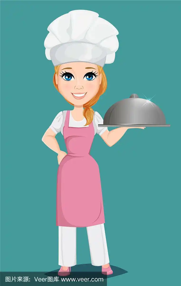 女厨师穿着粉色围裙,戴着厨师帽