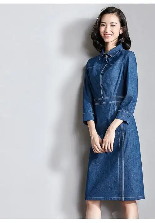 翻领明线设计中长款牛仔连衣裙 直筒裙