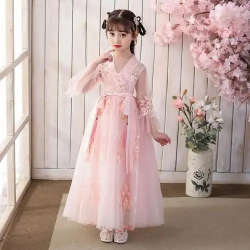 汉服女仙气古风古装衣服女童小女孩儿童夏装中国风连衣裙唐装秋装粉