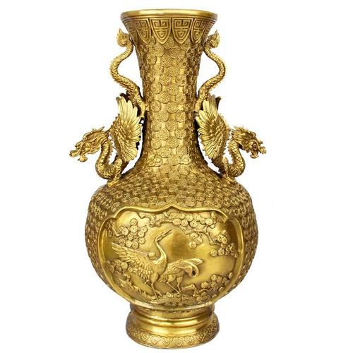 铜花瓶一对仙鹤飞龙催桃花助姻缘平安吉祥家居风水摆件