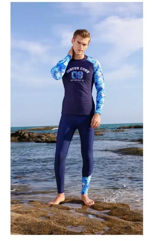 专柜同款 帅气时尚印花男泳裤分体长袖长裤 男款泳装