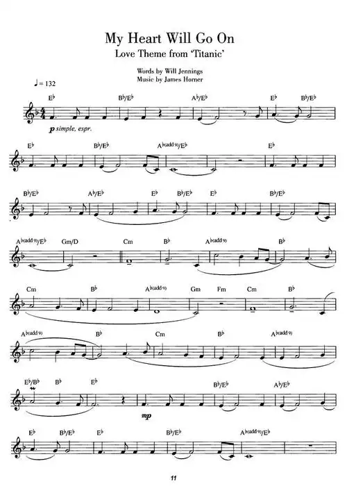 单簧管《我心永恒》五线谱谁发一下谢谢了!急!