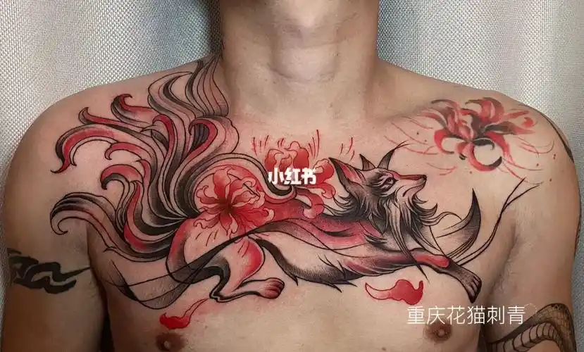 原创设计九尾狐纹身花胸纹身狐狸纹身