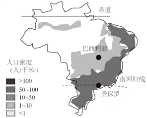 (1)    巴西人口最稠密地区位于(  )